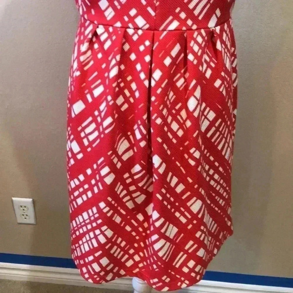 Enfocus Fit & Flare Orange & White Geometric Diamond Cutout Neckline Dress 12 - Picture 8 of 10